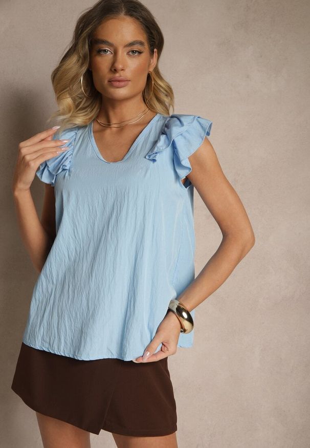 Renee - Niebieska Bluzka z Wiskozą i Falbankami Divama. Okazja: na co dzień. Typ kołnierza: kołnierz z falbankami. Kolor: niebieski. Materiał: wiskoza. Styl: elegancki, casual