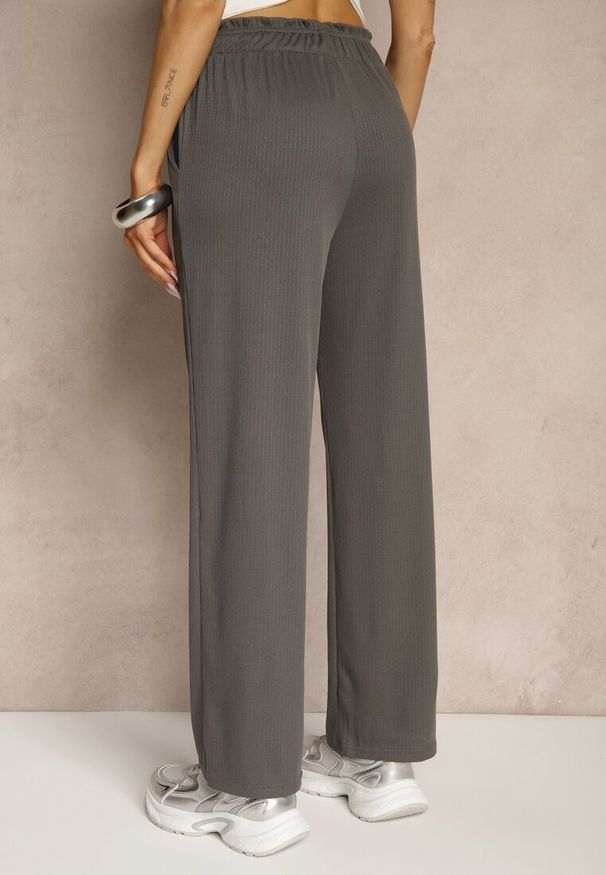 Renee - Ciemnoszare Spodnie High Waist o Fasonie Paper Bag z Gumką w Talii Lunalitia. Okazja: na co dzień. Stan: podwyższony. Kolor: szary. Wzór: aplikacja. Styl: casual, elegancki