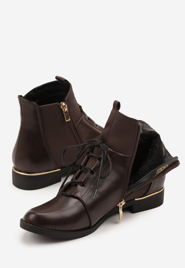 Renee - Brązowe Botki Vices ze Sznurowaną Cholewką i Elastycznymi Panelami Flilera. Okazja: na co dzień. Kolor: brązowy. Materiał: skóra, jeans. Szerokość cholewki: normalna. Obcas: na obcasie. Styl: casual. Wysokość obcasa: niski