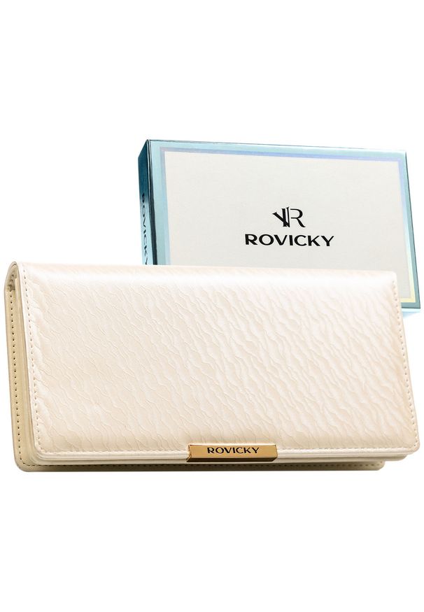 ROVICKY - Duży portfel damski ze skóry ekologicznej w kolorze ecru, zamykany na zatrzask - Rovicky. Materiał: skóra ekologiczna