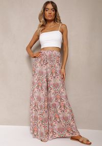 Renee - Różowo-Zielone Spodnie z Rozszerzanymi Nogawkami z Wiskozy High Waist z Gumką w Talii Nasie. Stan: podwyższony. Kolor: różowy. Materiał: wiskoza. Długość: długie. Styl: klasyczny, elegancki #4