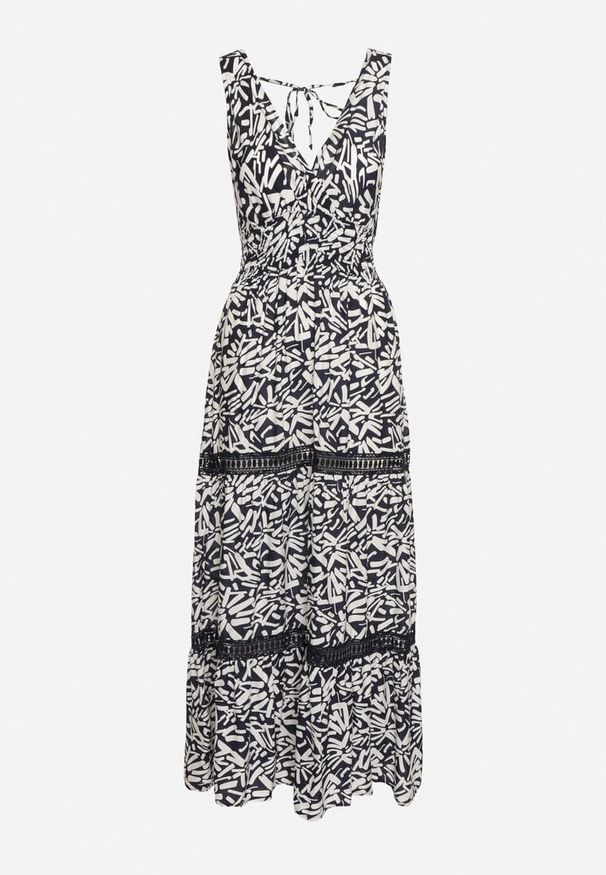 Born2be - Granatowa Bawełniana Sukienka o Taliowanym Kroju z Gumką w Talii i Wiązaniem na Szyi Xenena. Kolor: niebieski. Materiał: bawełna