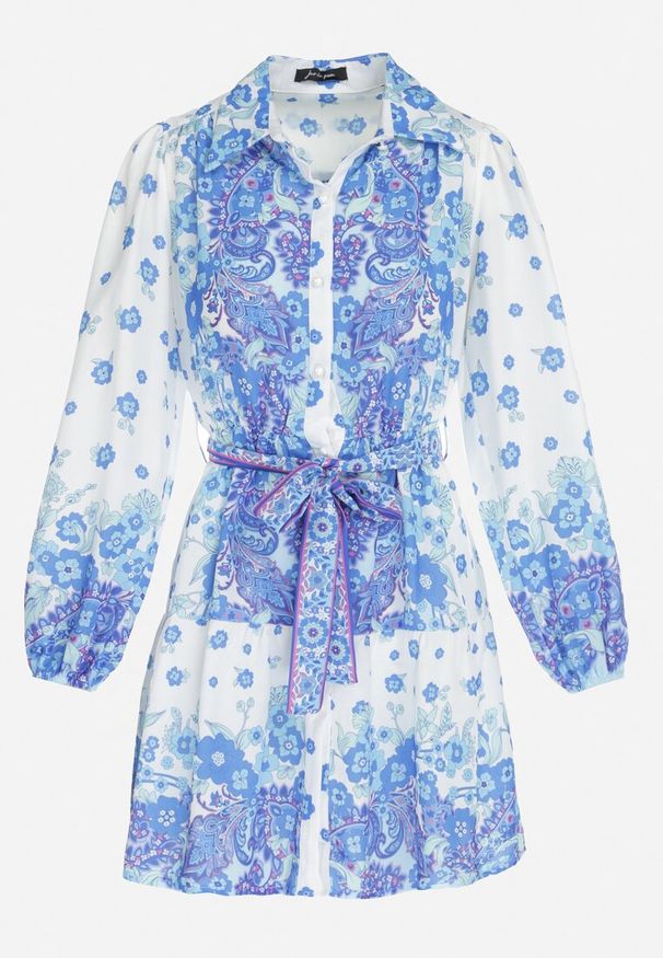 Born2be - Niebieska Koszulowa Sukienka z Guzikami i Gumką w Pasie Melija. Kolor: niebieski. Materiał: materiał. Wzór: kwiaty. Sezon: wiosna, lato. Typ sukienki: koszulowe