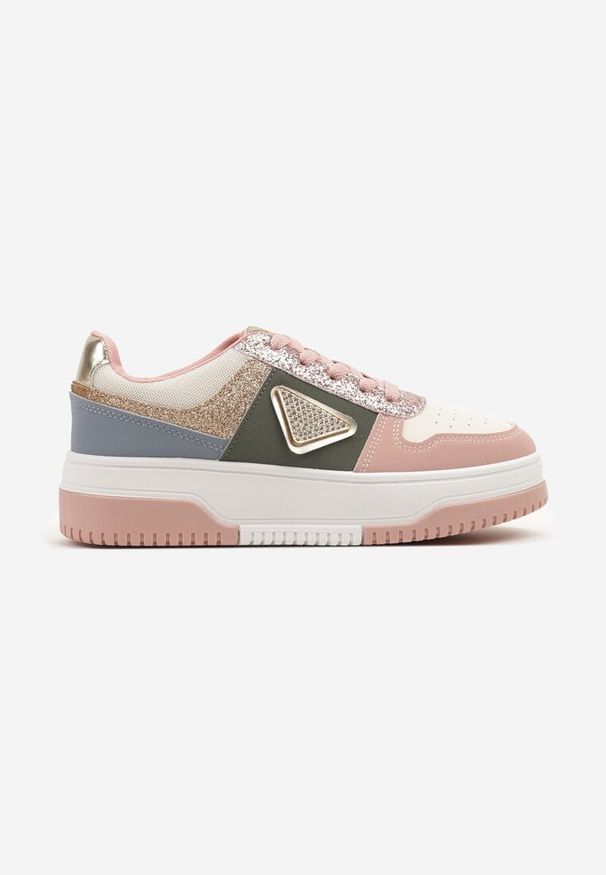 Born2be - Różowo-Zielone Sneakersy Ozdobione Brokatem Cyrkoniami i Perforacją Tillitara. Okazja: na co dzień. Kolor: różowy. Materiał: jeans. Wzór: aplikacja. Obcas: na obcasie. Wysokość obcasa: niski