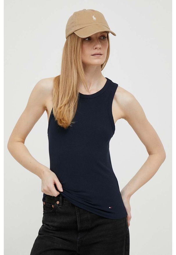 TOMMY HILFIGER - Tommy Hilfiger top damski kolor granatowy. Kolor: niebieski. Materiał: włókno, dzianina. Długość rękawa: na ramiączkach. Wzór: gładki