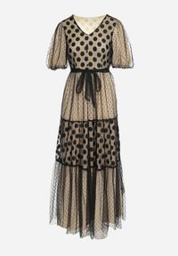 Born2be - Beżowo-Czarna Tiulowa Sukienka Maxi z Paskiem Falbankami i Bufiastymi Rękawami Zelari. Typ kołnierza: kołnierz z falbankami. Kolor: beżowy. Materiał: tiul. Długość: maxi #5