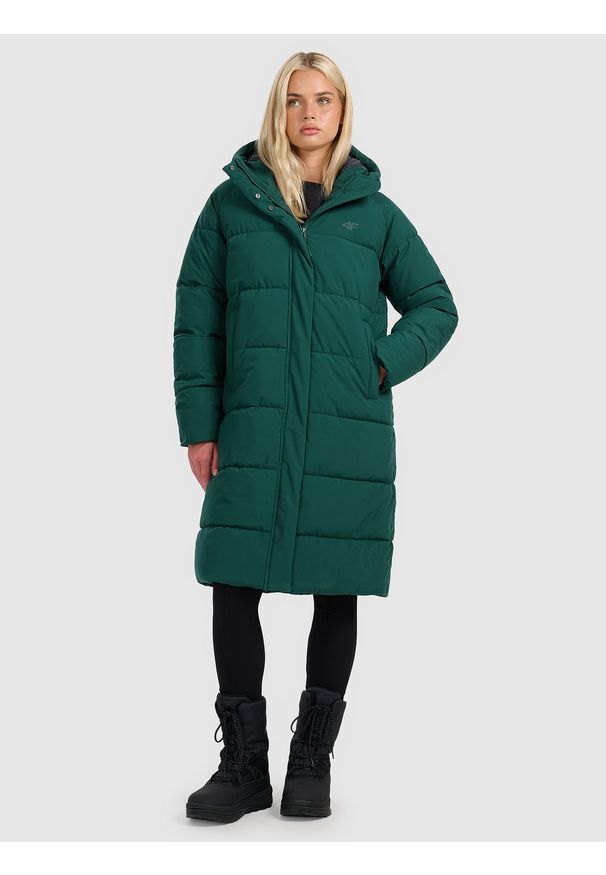 4f - 4F Płaszcz puchowy z wypełnieniem syntetycznym damski - zielony S. Kolor: zielony. Materiał: syntetyk, puch. Długość rękawa: raglanowy rękaw. Długość: do kolan. Sezon: zima