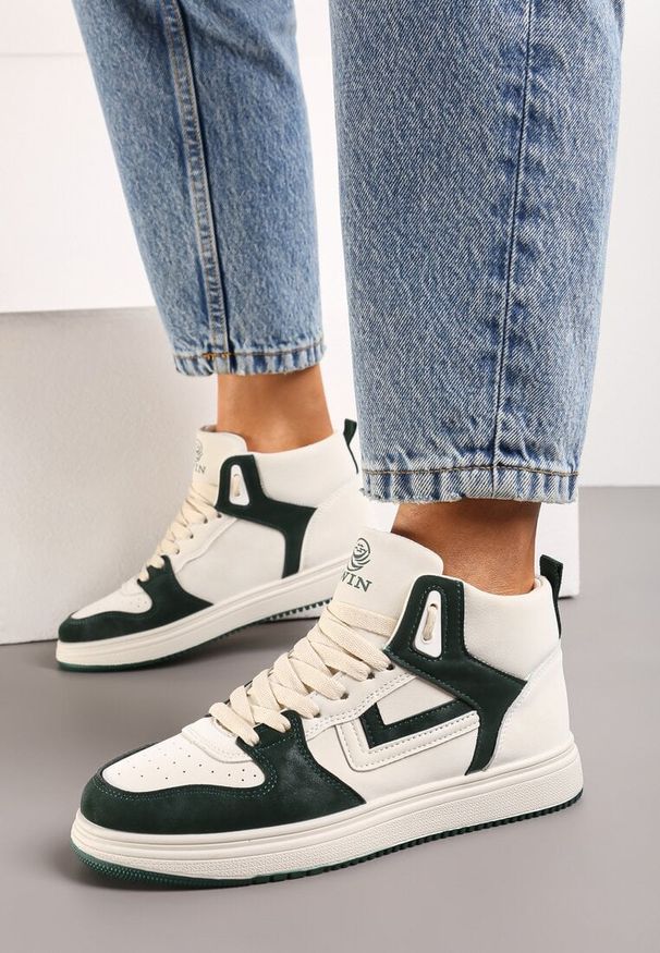 Born2be - Beżowo-Zielone Sneakersy Alcothee. Kolor: beżowy. Materiał: jeans. Obcas: na obcasie. Wysokość obcasa: niski