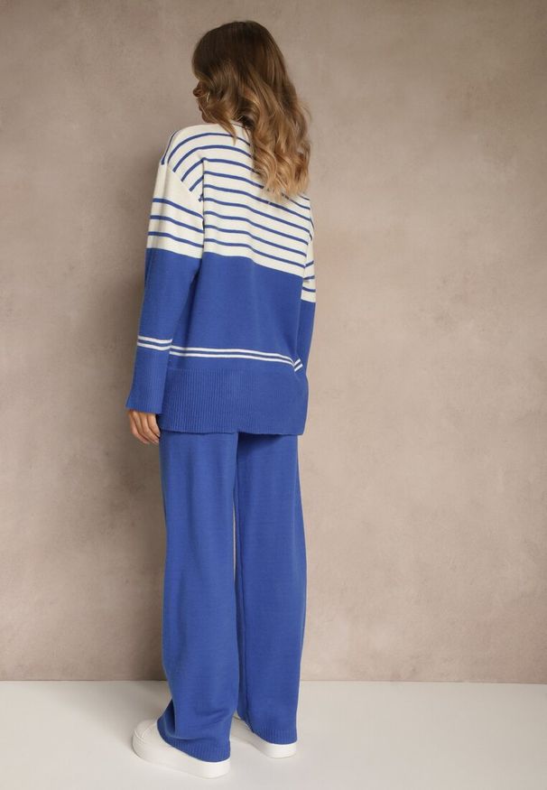 Renee - Niebieski Komplet z Dzianiny z Wełną Pasiasty Sweter i Spodnie Ralleia. Kolor: niebieski. Materiał: dzianina, wełna. Wzór: paski