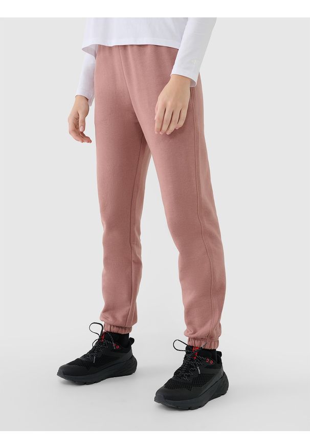 4f - 4F Spodnie dresowe joggery damskie - beżowe S. Kolor: brązowy. Materiał: dresówka. Wzór: ze splotem, gładki