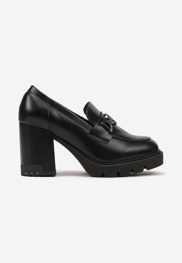 Renee - Czarne Półbuty w Stylu Loafersów na Słupkowym Obcasie Felindria. Okazja: na co dzień. Kolor: czarny. Materiał: jeans. Wzór: aplikacja. Obcas: na obcasie. Styl: elegancki, casual. Wysokość obcasa: średni