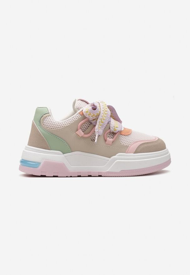 Born2be - Różowo-Beżowe Sneakersy na Niskiej Platformie z Szerokimi Sznurówkami Gritte. Kolor: różowy. Obcas: na platformie