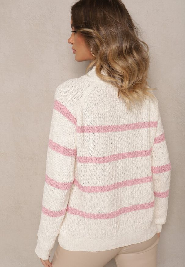 Renee - Beżowo-Różowy Sweter w Poziome Pasy z Domieszką Wiskozy Tintarina. Okazja: na co dzień. Kolor: różowy. Materiał: wiskoza. Styl: elegancki, casual