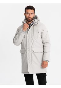 Ombre Clothing - Długa klasyczna męska kurtka typu parka – kremowa V1 - Rozmiar: L. Typ kołnierza: kaptur. Kolor: kremowy. Materiał: guma, syntetyk, poliester, materiał. Długość: długie. Wzór: gładki, aplikacja. Styl: klasyczny #4