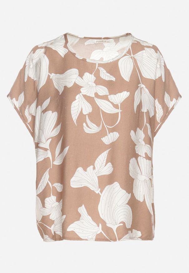 Born2be - Beżowa Bluzka o Nietoperzowym Kroju z Lnem i Wiskozą Zdobiona Cyrkoniami Rinelitia. Okazja: na co dzień. Kolor: beżowy. Materiał: wiskoza, len. Długość rękawa: krótki rękaw. Długość: krótkie. Wzór: aplikacja. Styl: glamour, casual, klasyczny