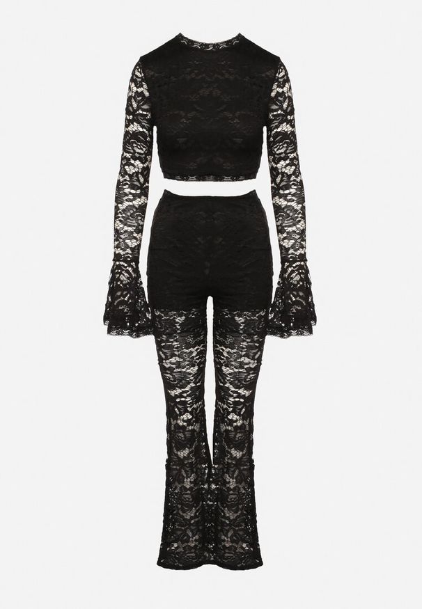Born2be - Czarny Komplet Koronkowy Bluzka i Spodnie Dzwony Nanireas. Kolor: czarny. Materiał: koronka. Wzór: aplikacja