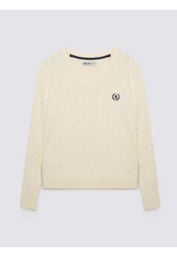 Big-Star - Sweter damski ze splotem warkoczowym z dekoltem v-neck biały Nisa 100. Kolor: biały. Materiał: poliamid, włókno, bawełna. Długość: długie. Wzór: ze splotem. Styl: klasyczny #1