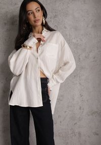 Renee - Biała Koszula z Wiskozy z Domieszką Lnu ze Strukturalnego Materiału Sewrita. Okazja: na spacer. Kolor: biały. Materiał: wiskoza, len, materiał. Styl: street #2