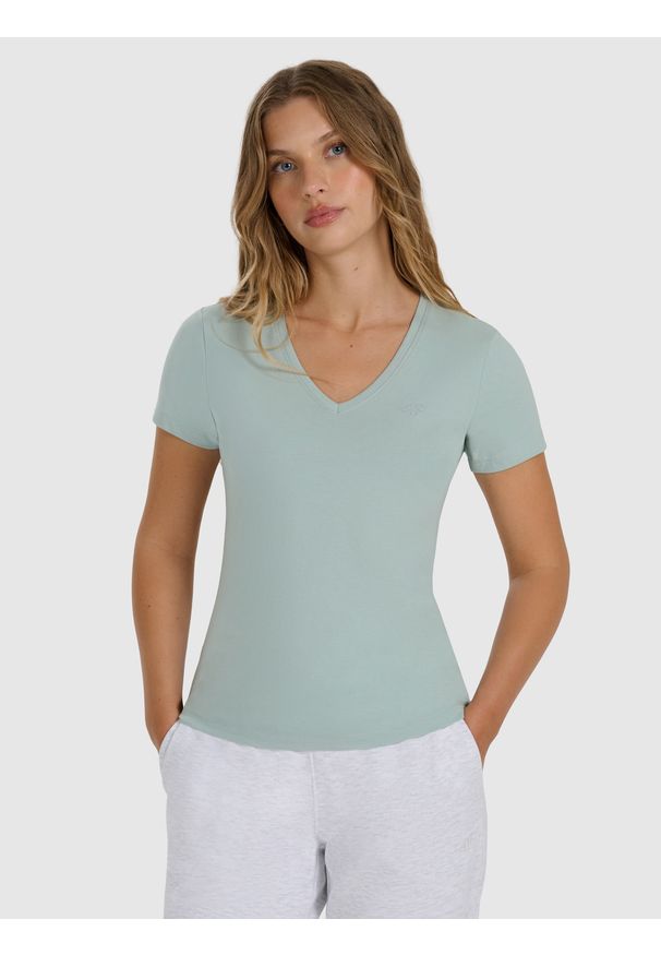 4f - 4F T-shirt slim gładki damski - turkusowy XL. Okazja: na co dzień. Kolor: turkusowy. Materiał: bawełna. Wzór: gładki. Styl: casual