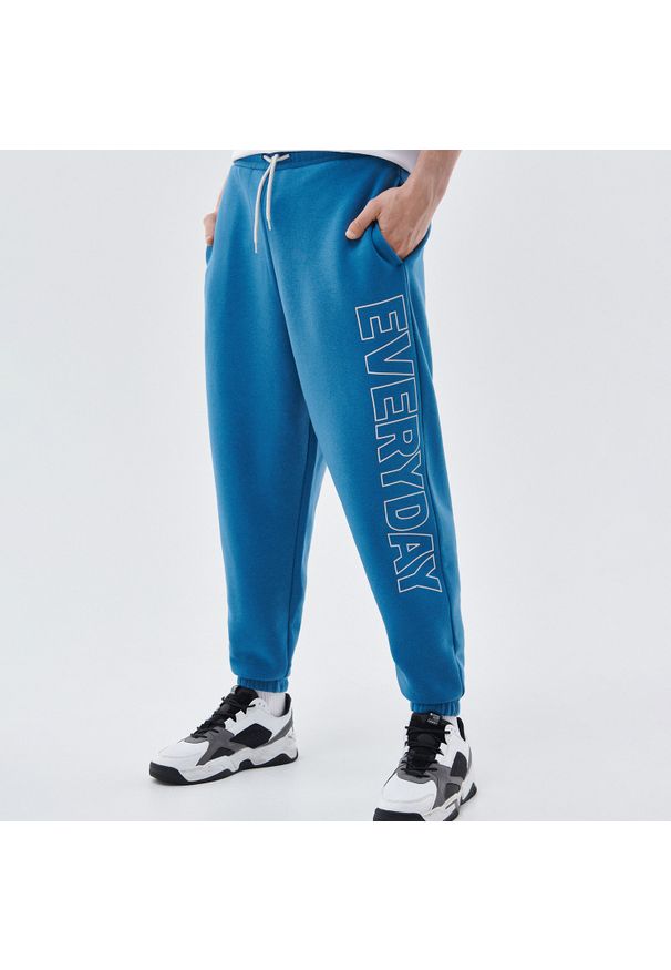 Cropp - Dzianinowe joggery z nadrukiem - Niebieski. Kolor: niebieski. Materiał: dzianina. Wzór: nadruk