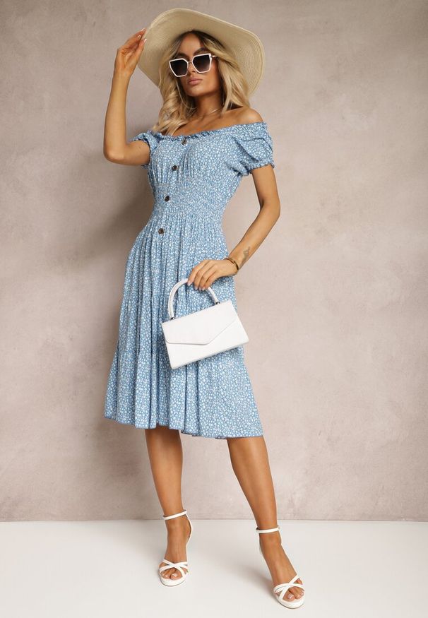 Renee - Niebieska Kwiecista Sukienka z Bawełny z Gumkami w Pasie Herata. Kolor: niebieski. Materiał: bawełna. Sezon: wiosna