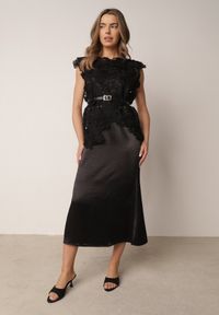 Born2be - Czarny Elegancki Komplet z Bawełny i Wiskozy Koronkowa Bluzka i Sukienka Ocethea. Kolor: czarny. Materiał: wiskoza, bawełna, koronka #1