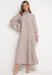 Born2be - Brązowo-Biała Sukienka Elime. Kolor: biały. Wzór: aplikacja, kwiaty. Długość: maxi #5