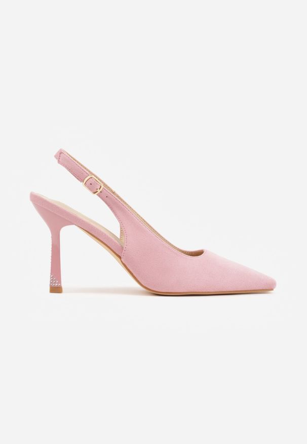 Renee - Różowe Szpilki VICES Slingback Ozdobione Cyrkoniami na Obcasie Laodele. Okazja: na randkę, na imprezę. Zapięcie: sprzączka. Kolor: różowy. Wzór: aplikacja. Obcas: na obcasie. Styl: elegancki. Wysokość obcasa: średni