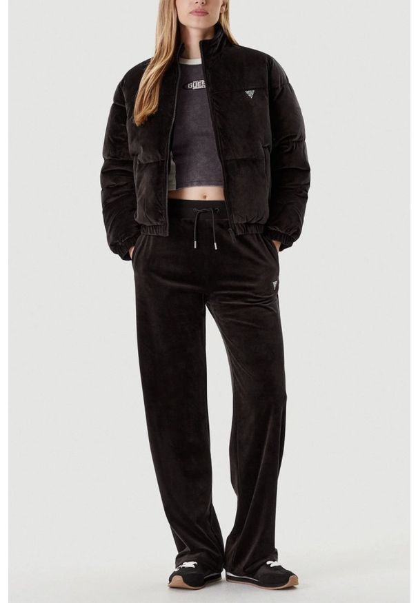 Guess - GUESS Сzarna zamszowa kurtka damska Couture Puffer, Rozmiar S. Kolor: czarny. Materiał: zamsz