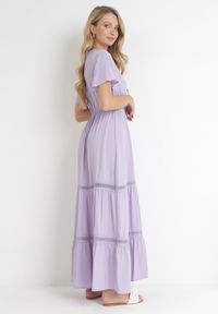 Born2be - Fioletowa Sukienka Maxi z Gumką w Pasie i Koronkowymi Wstawkami Anandia. Kolor: fioletowy. Materiał: koronka. Wzór: aplikacja. Długość: maxi