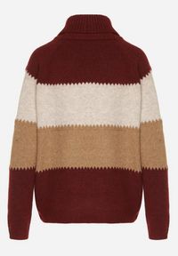 Born2be - Bordowy Golf Oversize w Szerokie Pasy z Domieszką Kaszmiru Nellemia. Okazja: na co dzień. Typ kołnierza: golf. Kolor: czerwony. Materiał: kaszmir. Styl: casual #6