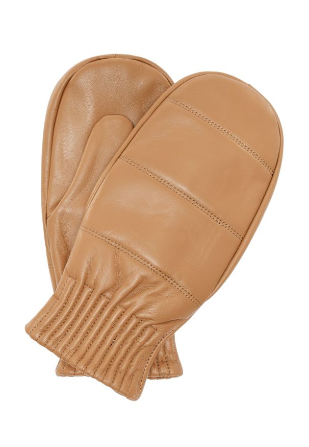 Ochnik - Skórzane rękawiczki damskie na jeden palec. Kolor: beżowy. Materiał: skóra. Wzór: aplikacja