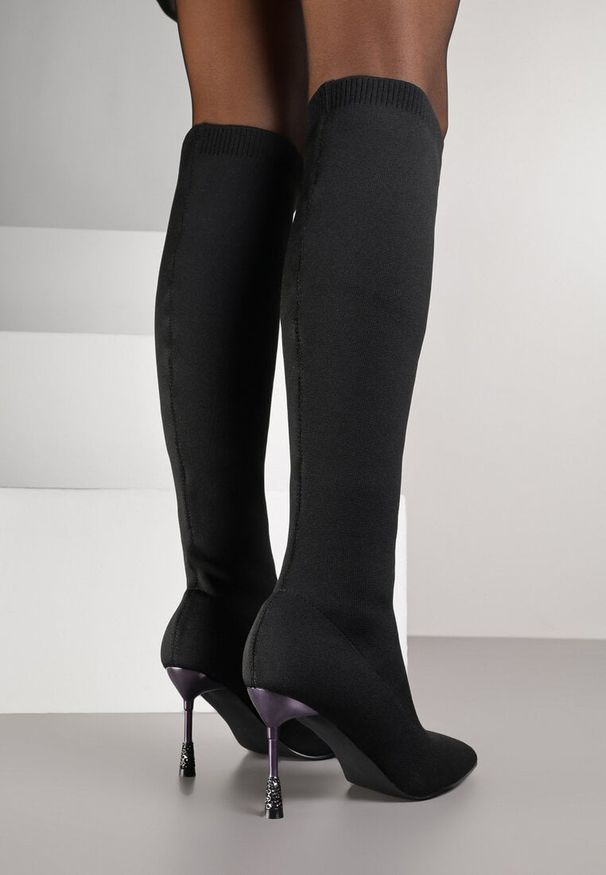 Born2be - Czarne Eleganckie Kozaki Skarpetkowe Vices na Szpilce z Cyrkoniami Nicebia. Okazja: na spotkanie biznesowe. Kolor: czarny. Obcas: na szpilce. Styl: elegancki. Wysokość obcasa: średni