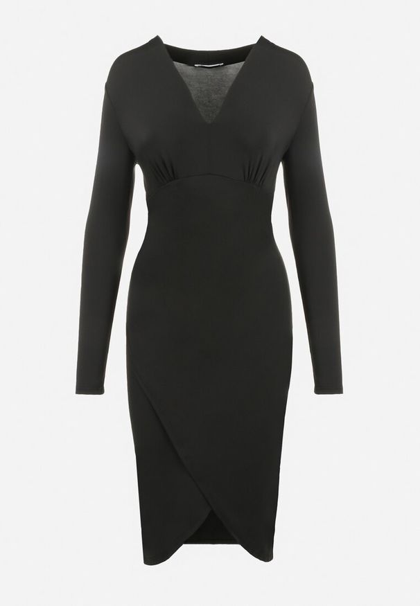 Born2be - Czarna Sukienka Dopasowana z Rozcięciem Qesarde. Typ kołnierza: dekolt w kształcie V. Kolekcja: dla wysokich. Kolor: czarny. Długość rękawa: długi rękaw. Typ sukienki: asymetryczne, dopasowane. Styl: elegancki. Długość: midi