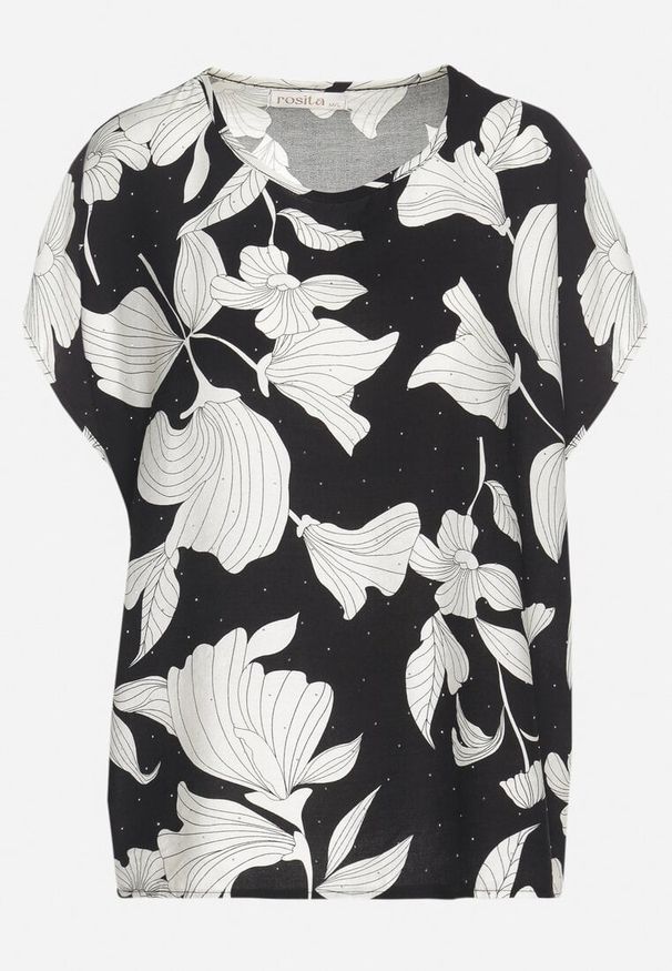 Born2be - Czarna Bluzka o Nietoperzowym Kroju z Lnem i Wiskozą Zdobiona Cyrkoniami Rinelitia. Okazja: na co dzień. Kolor: czarny. Materiał: wiskoza, len. Długość rękawa: krótki rękaw. Długość: krótkie. Wzór: aplikacja. Styl: klasyczny, glamour, casual