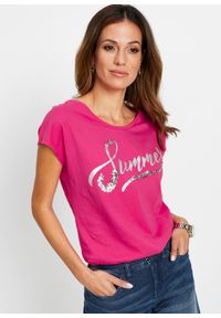 bonprix - Shirt z cekinami. Kolor: różowy. Wzór: napisy #1