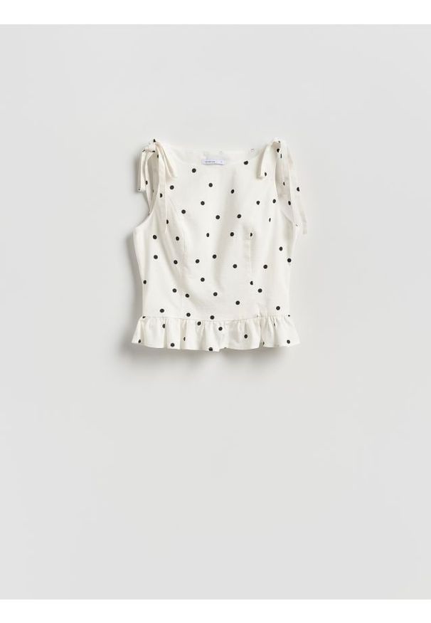 Reserved - Top w groszki - biały. Kolor: biały. Materiał: bawełna, tkanina. Wzór: grochy