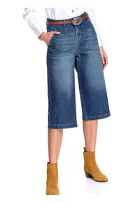 TOP SECRET - Spodnie jeansowe culotte o długości siedem ósmych. Kolor: niebieski. Materiał: jeans. Wzór: aplikacja. Sezon: wiosna. Styl: klasyczny #1