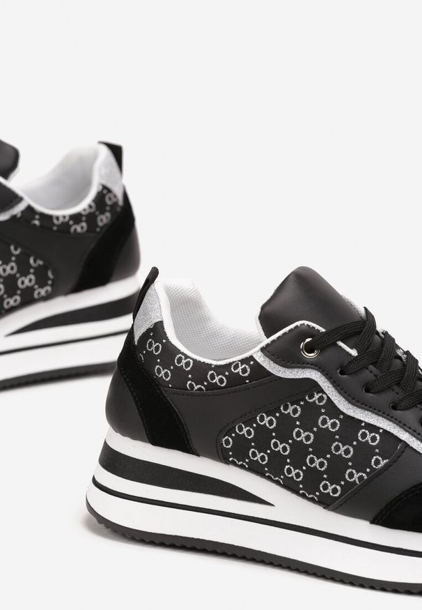 Born2be - Czarne Brokatowe Sneakersy na Platformie Filena. Kolor: czarny. Obcas: na platformie