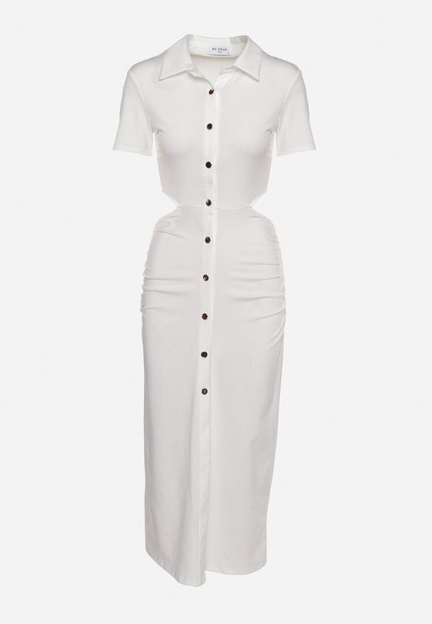 Born2be - Biała Sukienka Koszulowa z Wycięciami w Talii i i Marszczeniami Zapinana na Guziki Quvlea. Okazja: na co dzień. Kolor: biały. Materiał: wiskoza, jeans. Typ sukienki: koszulowe. Styl: casual