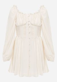 Renee - Jasnobeżowa Gorsetowa Sukienka Hiszpanka Vices z Guzikami i Bufiastymi Rękawami Resena. Typ kołnierza: dekolt gorset, dekolt hiszpanka. Kolor: beżowy. Materiał: bawełna, skóra. Typ sukienki: gorsetowe #3