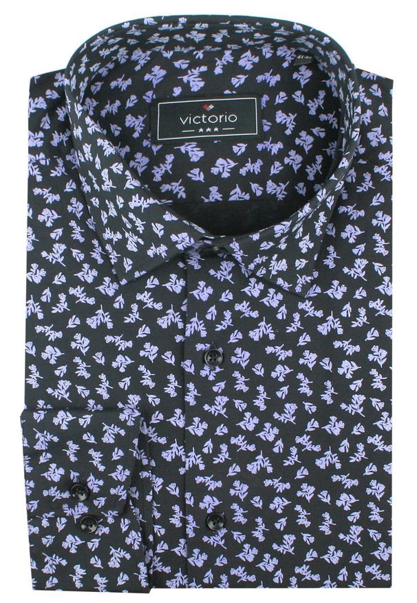 Koszula Męska, Elegancka o Regularnym Kroju - Victorio - Czarna w Kwiatki. Okazja: na co dzień. Kolor: czarny. Materiał: poliester, bawełna, elastan. Długość rękawa: długi rękaw. Długość: długie. Wzór: kwiaty. Styl: elegancki