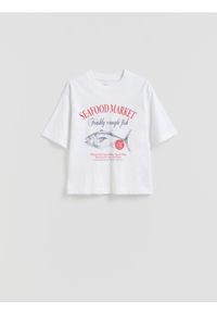 Reserved - Bawełniany t-shirt z nadrukiem - biały. Kolor: biały. Materiał: bawełna. Wzór: nadruk #1