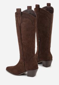 Renee - Brązowe Haftowane Kozaki Kowbojki na Stożkowym Obcasie Galianna. Okazja: na co dzień. Kolor: brązowy. Materiał: jeans, koronka. Wzór: haft. Obcas: na obcasie. Styl: casual. Wysokość obcasa: średni #7