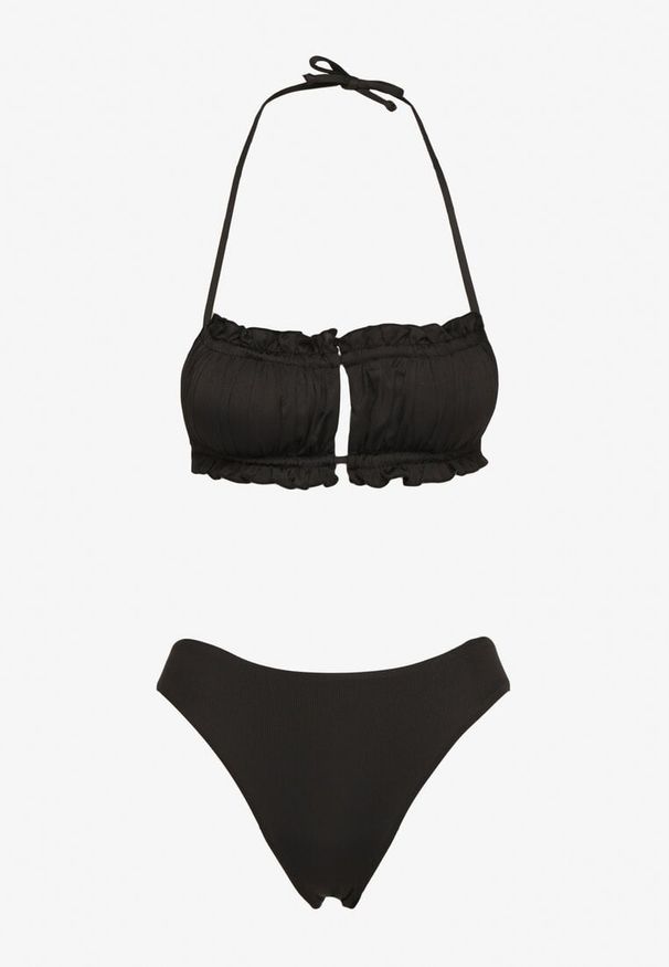 Born2be - Czarne Bikini Wiązany Biustonosz z Marszczeniem Majtki Typu Figi Folilisse. Kolor: czarny. Wzór: aplikacja