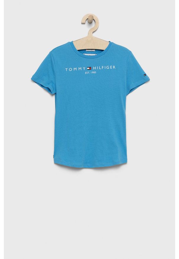TOMMY HILFIGER - Tommy Hilfiger t-shirt bawełniany dziecięcy. Okazja: na co dzień. Kolor: niebieski. Materiał: bawełna. Długość rękawa: krótki rękaw. Długość: krótkie. Wzór: nadruk. Styl: casual