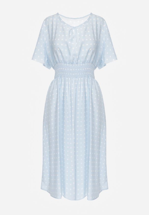 Renee - Jasnoniebieska Bawełniana Sukienka o Rozkloszowanym Fasonie w Kropki Tolimirae. Okazja: na co dzień. Kolor: niebieski. Materiał: bawełna. Długość rękawa: krótki rękaw. Wzór: kropki. Sezon: lato. Typ sukienki: rozkloszowane. Styl: casual