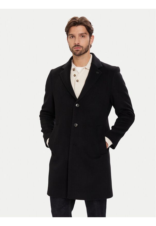 TOMMY HILFIGER - Tommy Hilfiger Płaszcz wełniany MW0MW40768 Czarny Regular Fit. Kolor: czarny. Materiał: wełna