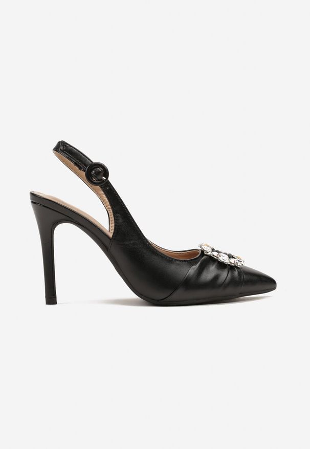 Born2be - Czarne Eleganckie Sandały na Szpilce Bez Pięty Ozdobione Cyrkoniami Elandrea. Okazja: na spotkanie biznesowe. Kolor: czarny. Wzór: aplikacja. Obcas: na szpilce. Styl: elegancki