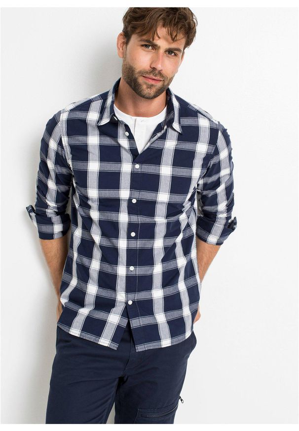 bonprix - Koszula z długim rękawem czystej bawełny. Kolor: niebieski. Materiał: bawełna. Długość rękawa: długi rękaw. Długość: długie